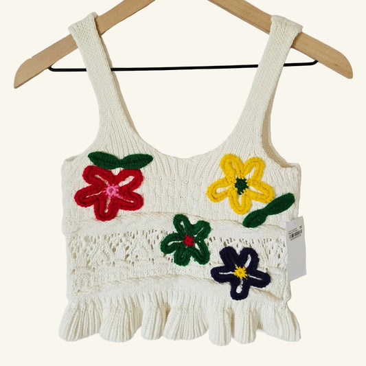 White Floral Crochet Crop Tank Ruffle Hem Size XS NWT