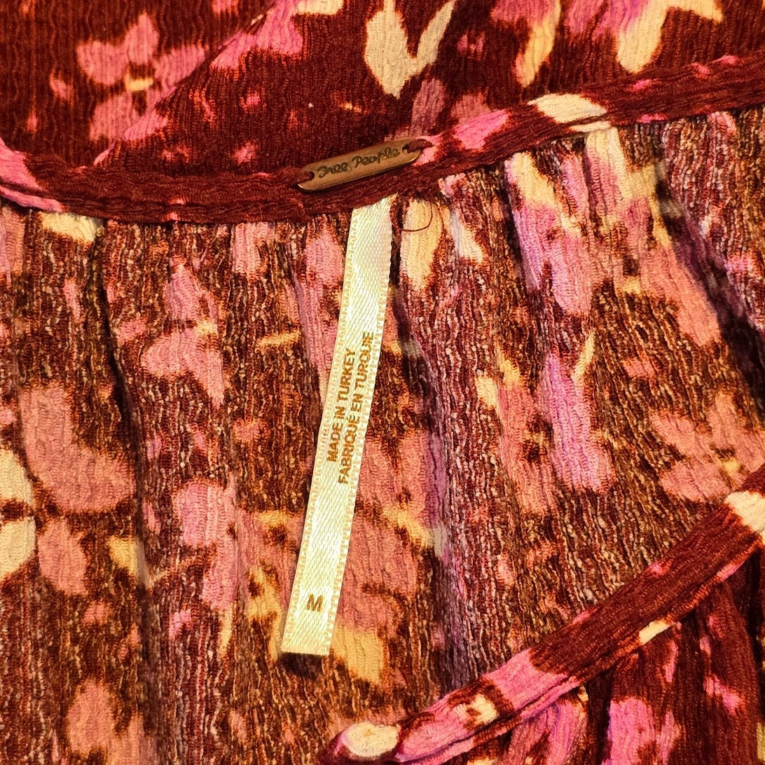 Red Pink Floral Tiered Midi Long Sleeve Dress Size M