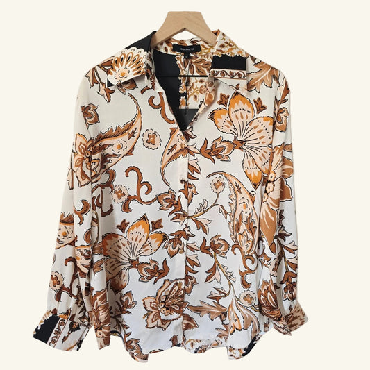 Brown & Black Floral Collared Button-Down Blouse Size Large NWT