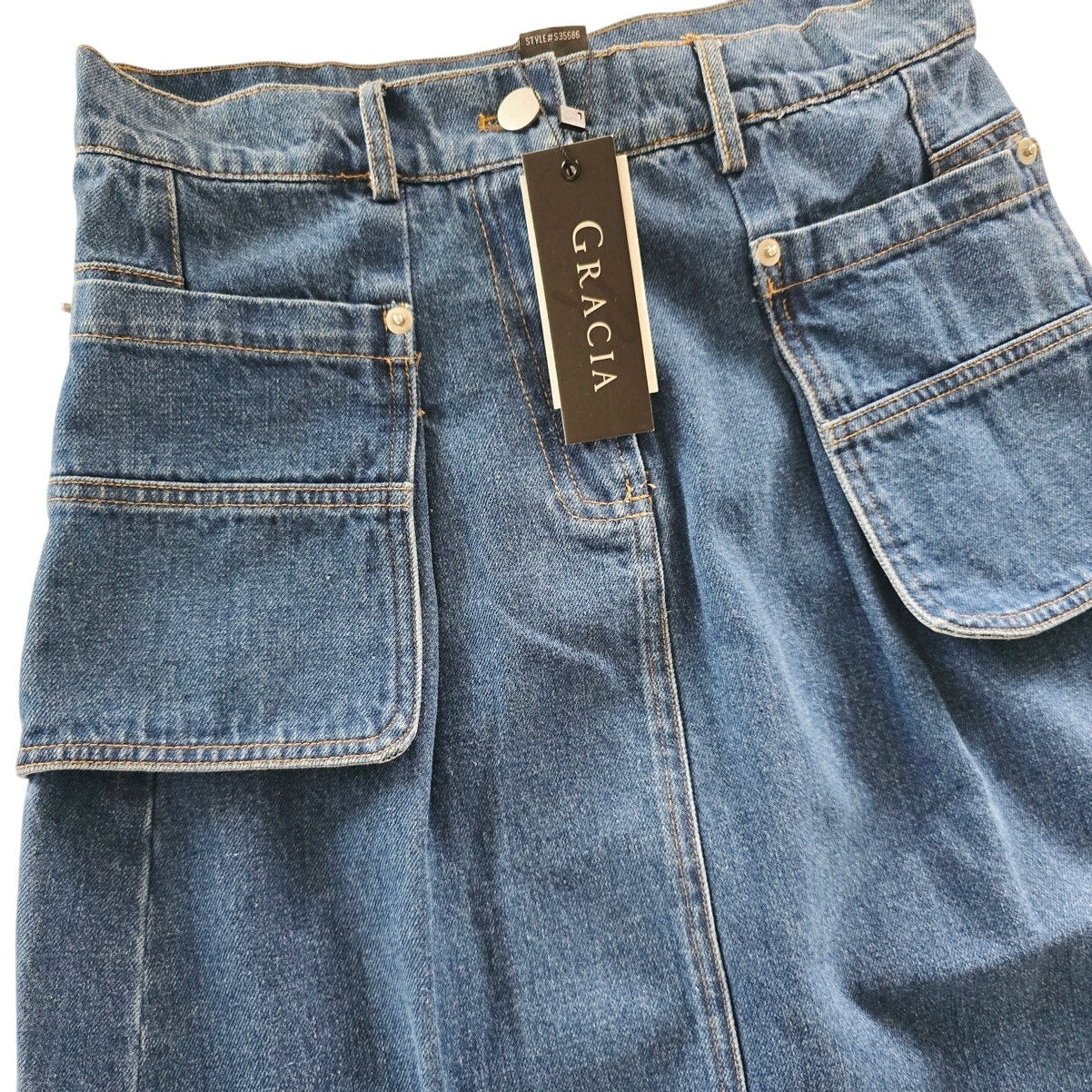 Blue Denim Midi Skirt High Waist Utility Pockets Size S NWT