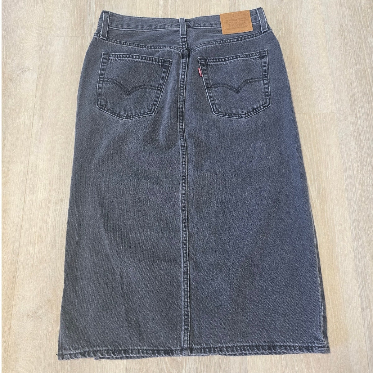 Washed Noir Side Slit Midi Denim Skirt Black Size 28