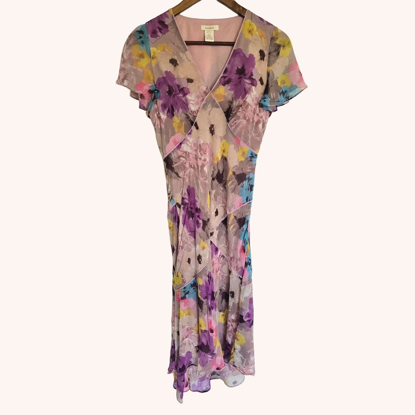 Purple Pink Silk Floral V-Neck Midi Dress Size 6