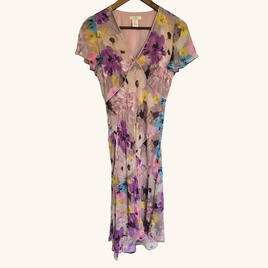 Purple Pink Silk Floral V-Neck Midi Dress Size 6