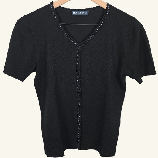 Vintage Black Beaded Short-Sleeve Knit Top Size M
