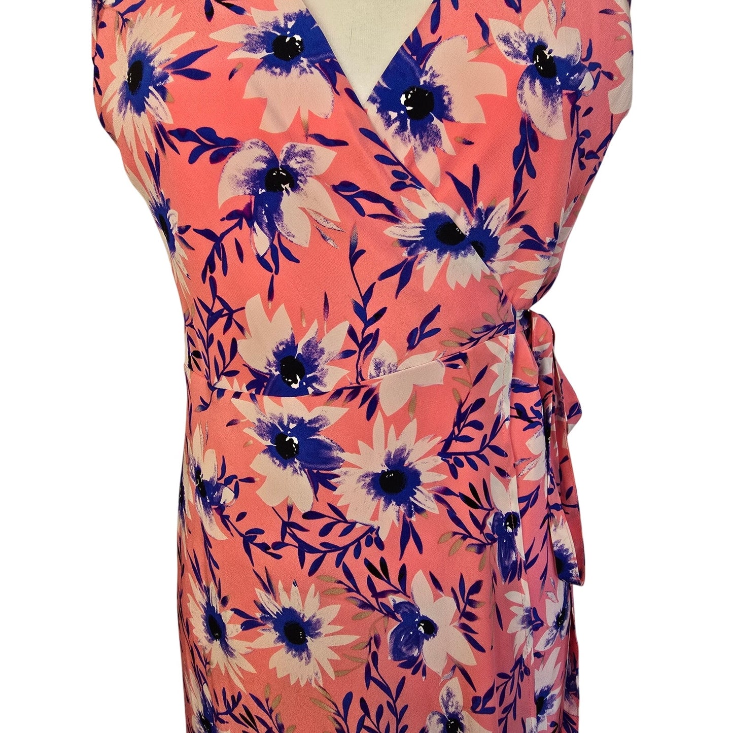Pink Blue Silk Floral Wrap Maxi Dress V Neck Size L