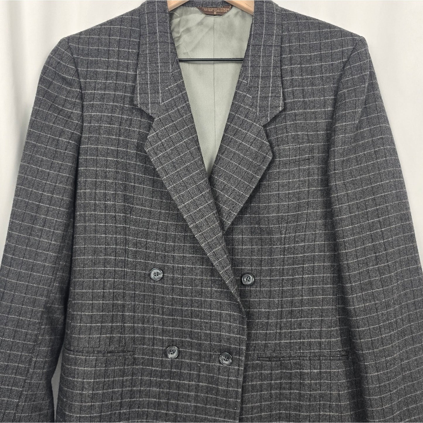 Vintage 90's Gray Cricketeer Plaid Wool Double Breasted Blazer Size 6