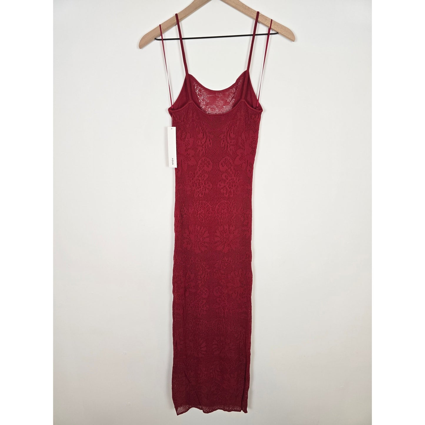Red Lace Bodycon Midi Dress Sheer Floral Spaghetti Strap M