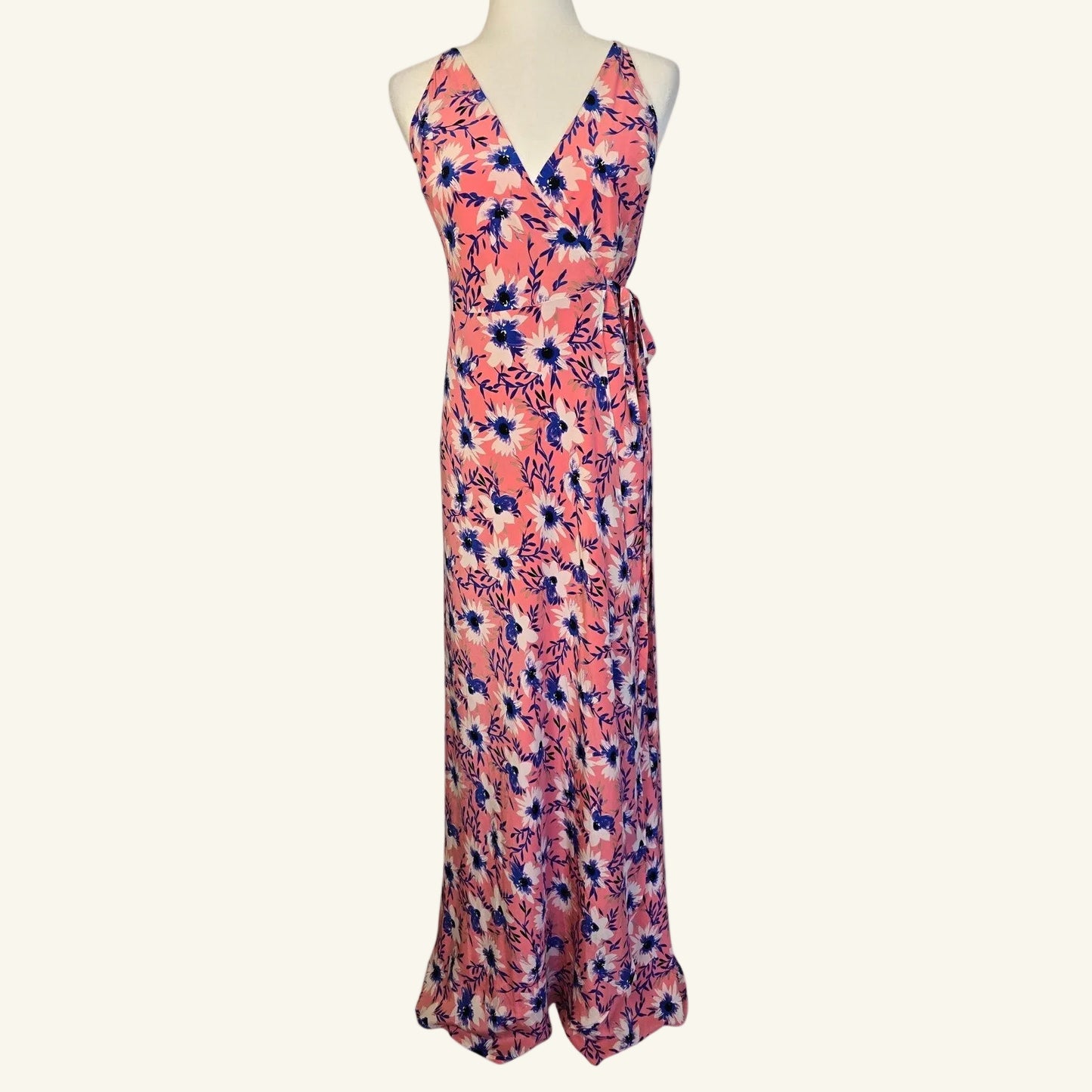 Pink Blue Silk Floral Wrap Maxi Dress V Neck Size L
