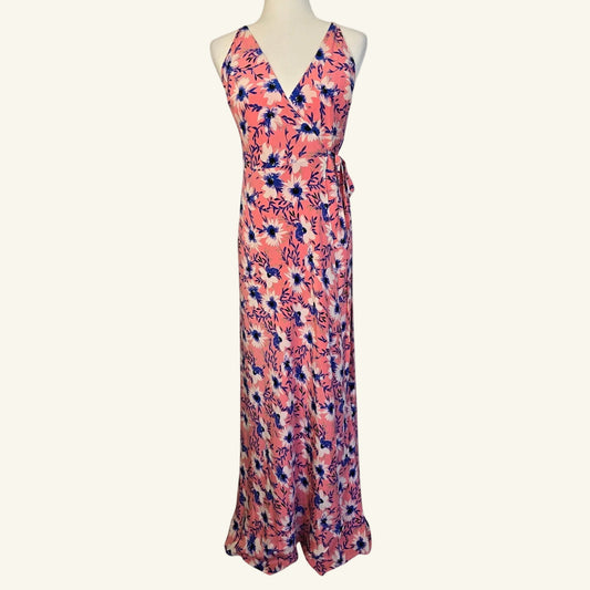 Pink Blue Silk Floral Wrap Maxi Dress V Neck Size L