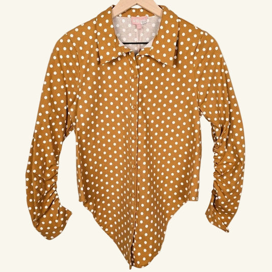 Mustard Polka Dot Cropped Blouse w/ Front Tie Top Size SX
