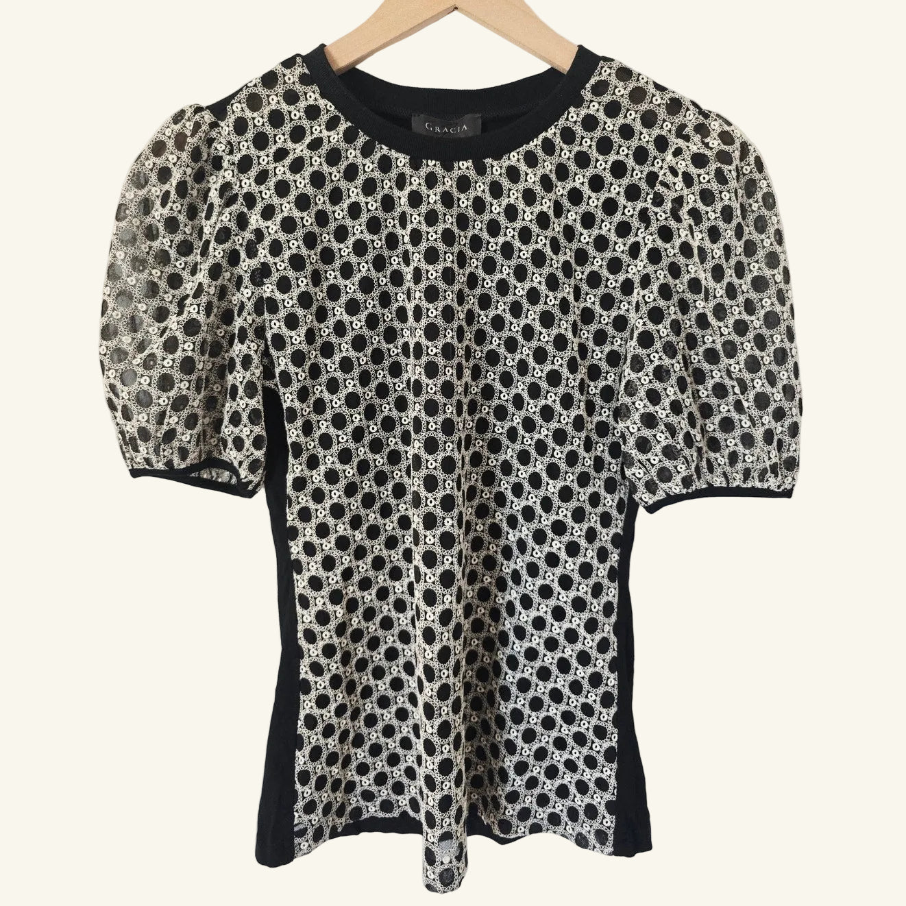 Black White Puff Sleeve Embroidered Blouse Top Size S