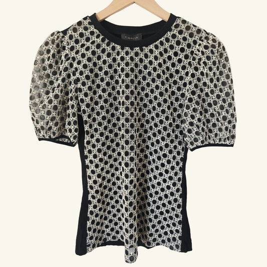 Black White Puff Sleeve Embroidered Blouse Top Size S