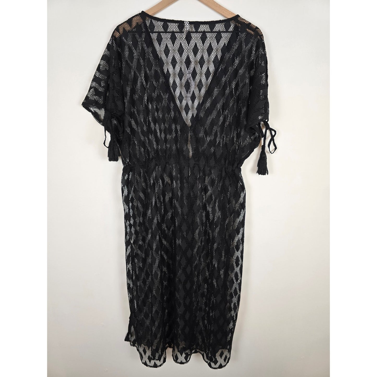 Black Mesh Tassel Swim Cover Up Duster One Size Beach Resort