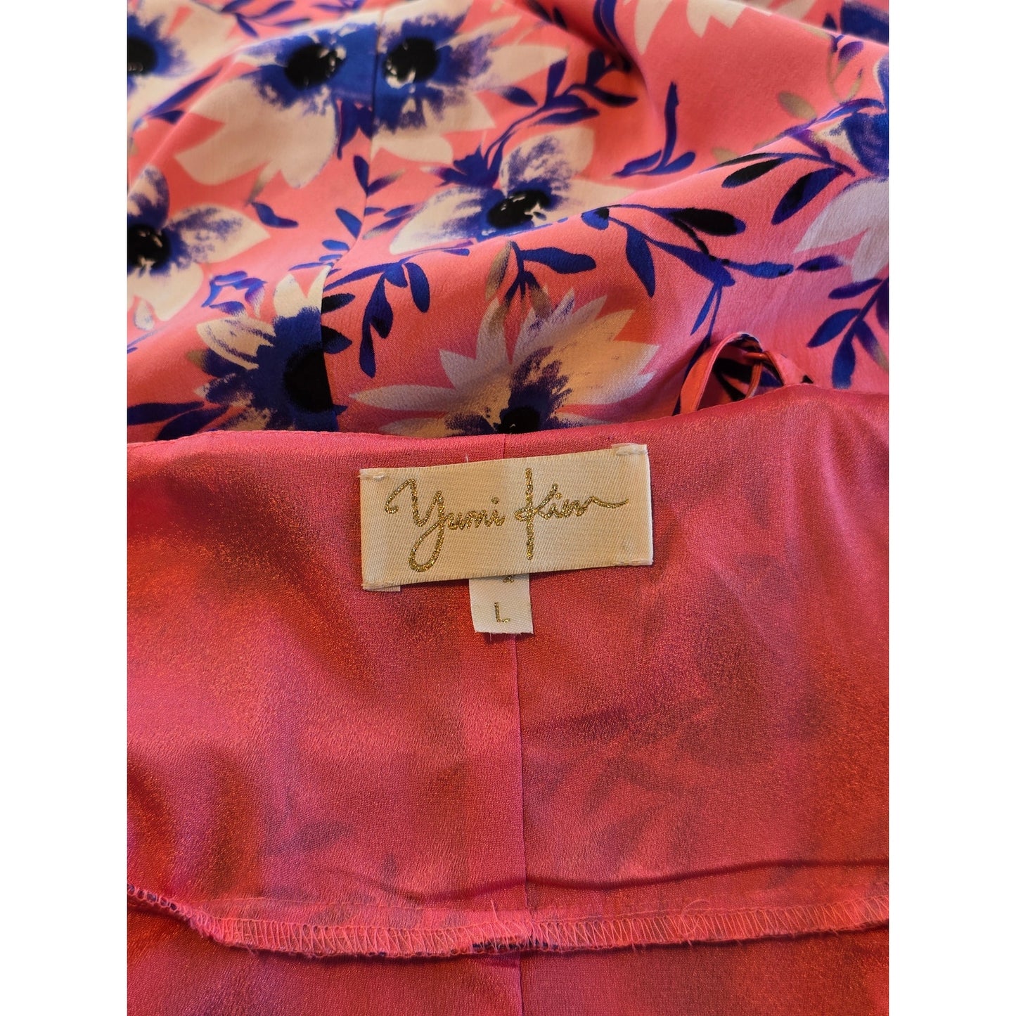 Pink Blue Silk Floral Wrap Maxi Dress V Neck Size L
