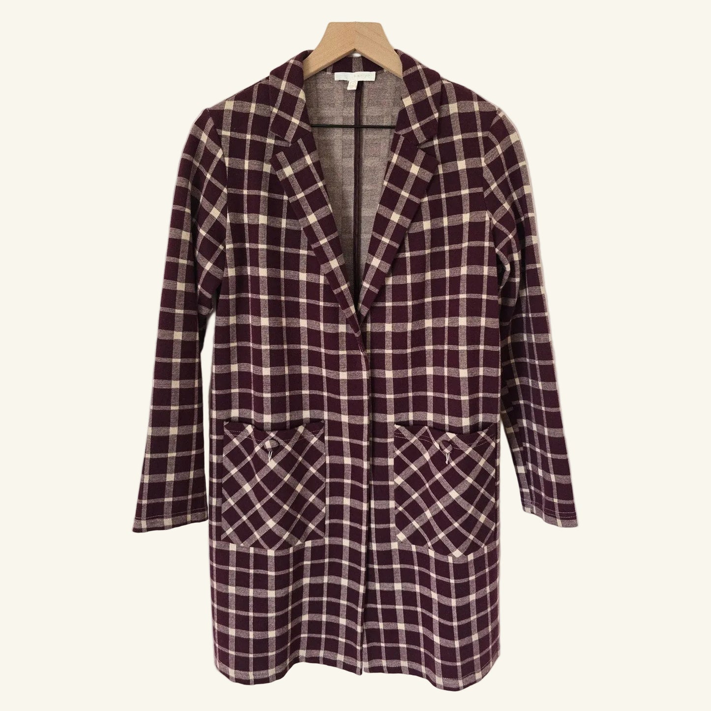 Burgundy Plaid Duster Cardigan Jacket Size S