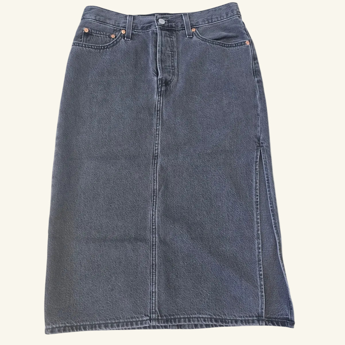 Washed Noir Side Slit Midi Denim Skirt Black Size 28