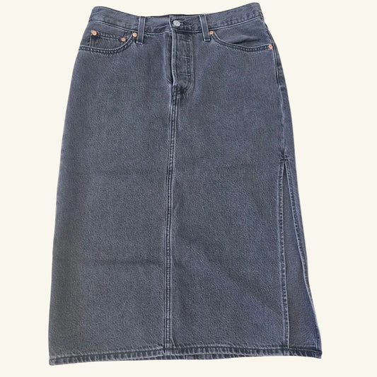 Washed Noir Side Slit Midi Denim Skirt Black Size 28