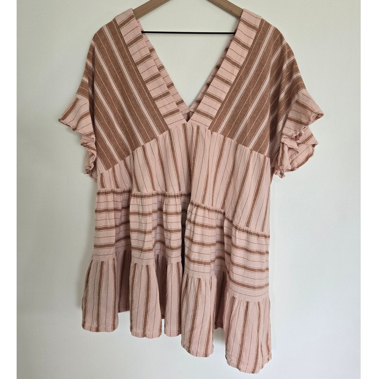 Pink & Brown Striped Tunic Dress Ruffle Hem Size XS