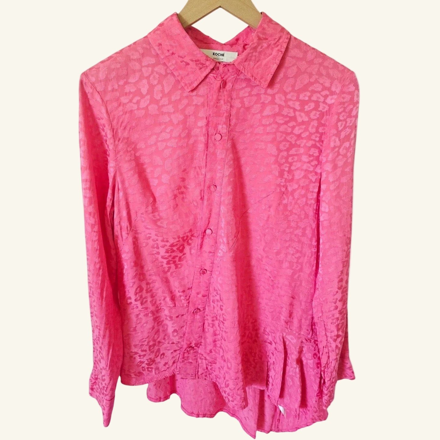 Pink Leopard Asymmetrical Jacquard Blouse Size 36 S