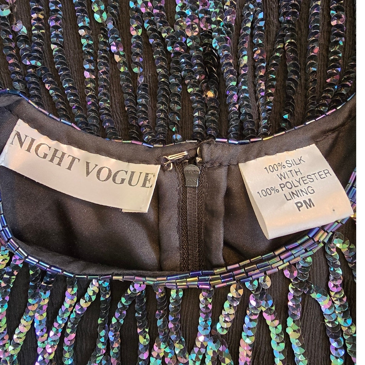 Vintage Black Iridescent Beaded 100% Silk Sequin Mini Dress Size M