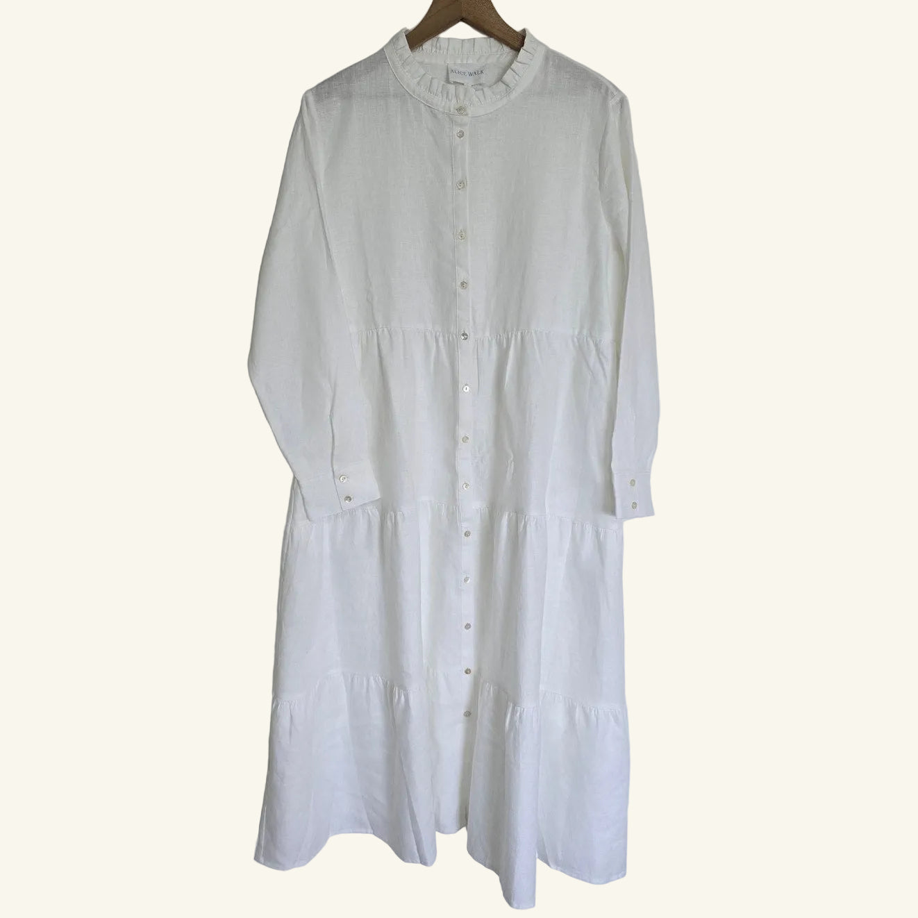 White Linen Tiered Maxi Dress Band Collar Size L