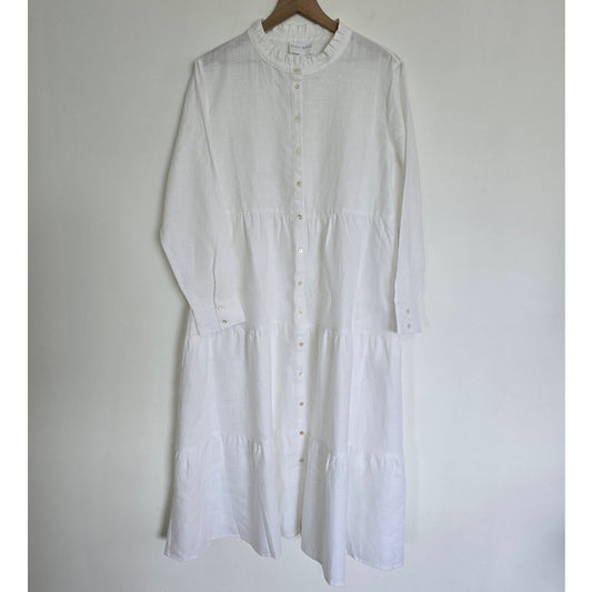 White Linen Tiered Maxi Dress Band Collar Size L