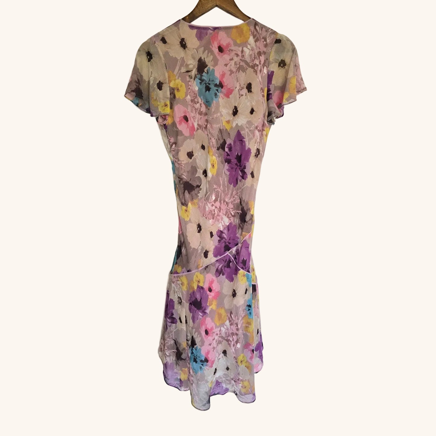 Purple Pink Silk Floral V-Neck Midi Dress Size 6
