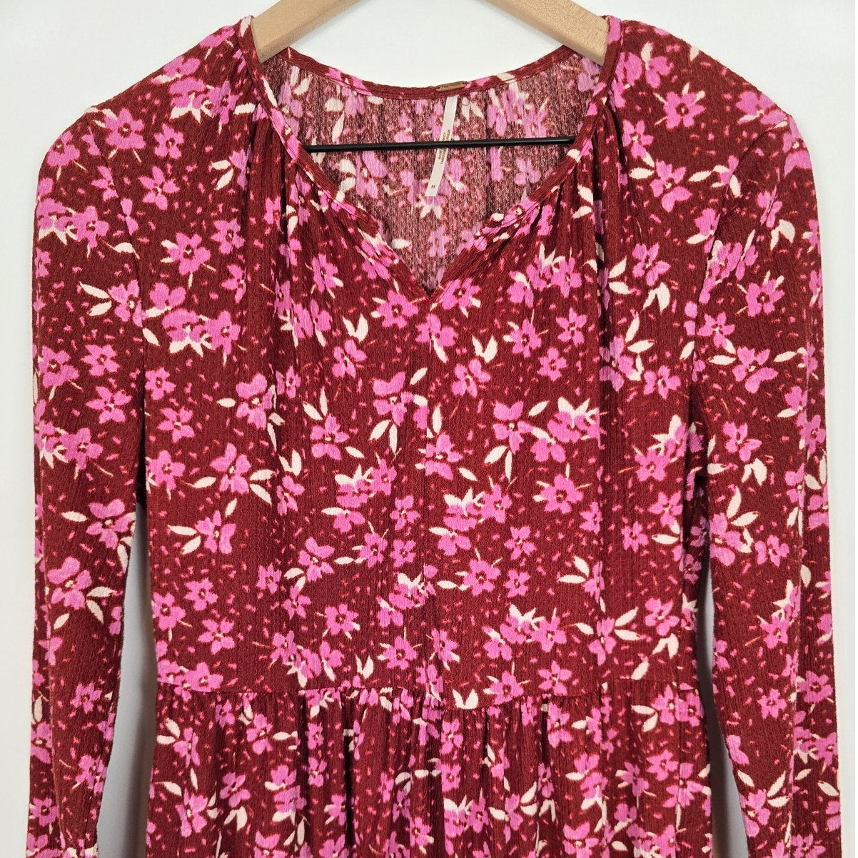 Red Pink Floral Tiered Midi Long Sleeve Dress Size M