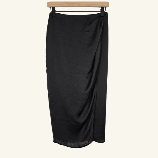 Black Satin Midi Wrap Skirt Slit Size 6