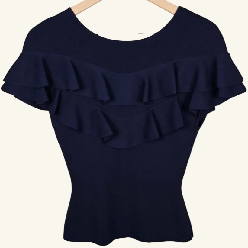 Navy Blue Ribbed Ruffle Knit Blouse Size XS