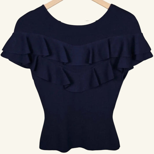 Navy Blue Ribbed Ruffle Knit Blouse Size XS