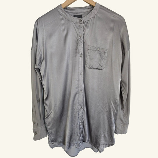 Gray Satin Pocket Blouse Button Down Top Size S