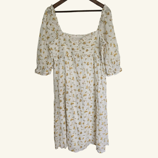 White Floral Midi Dress Puff Sleeve Size XXL NWT