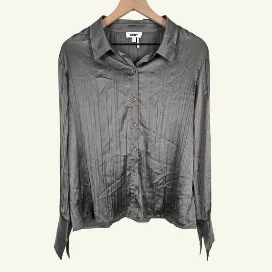 Gray Satin Button Down Blouse Size L
