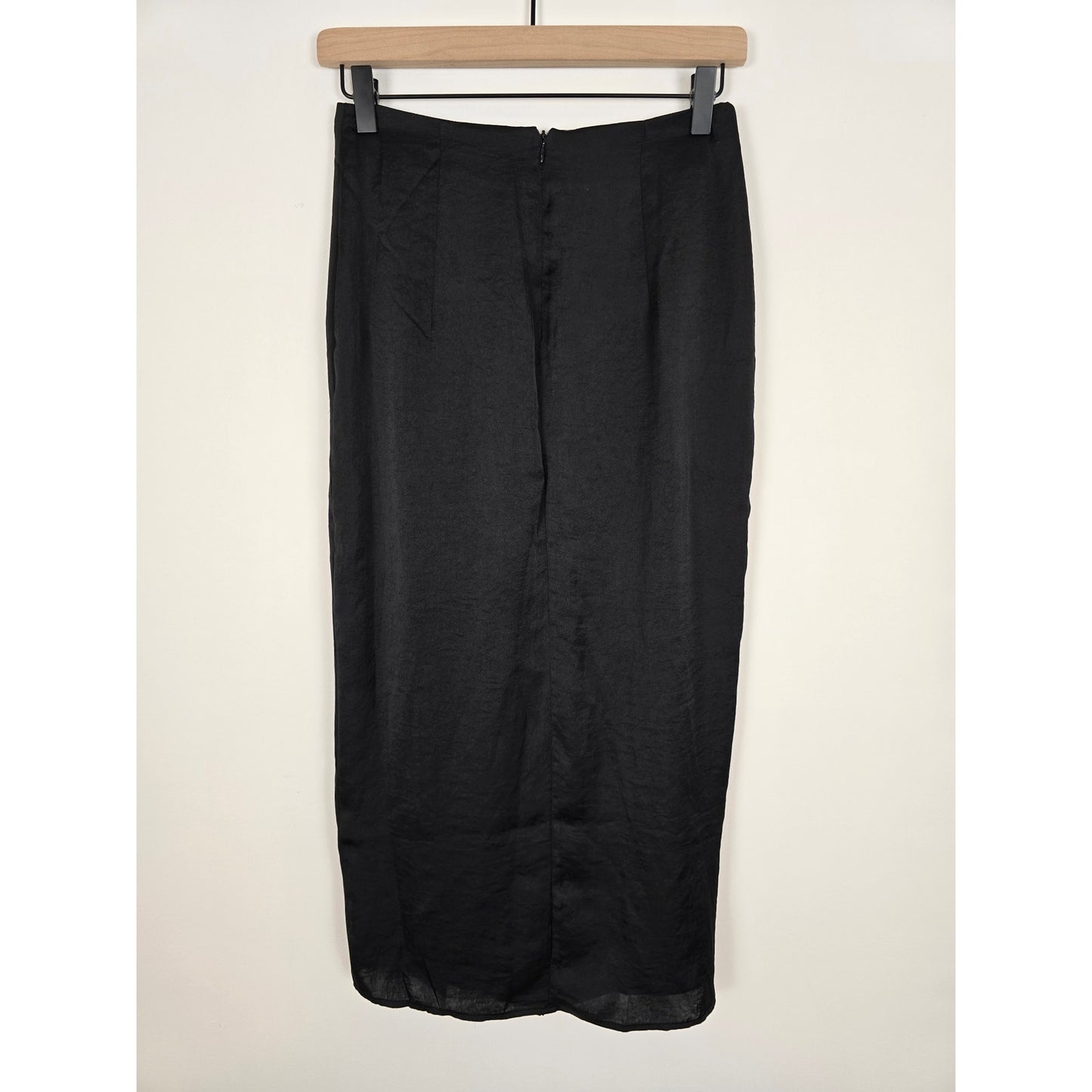 Black Satin Midi Wrap Skirt Slit Size 6