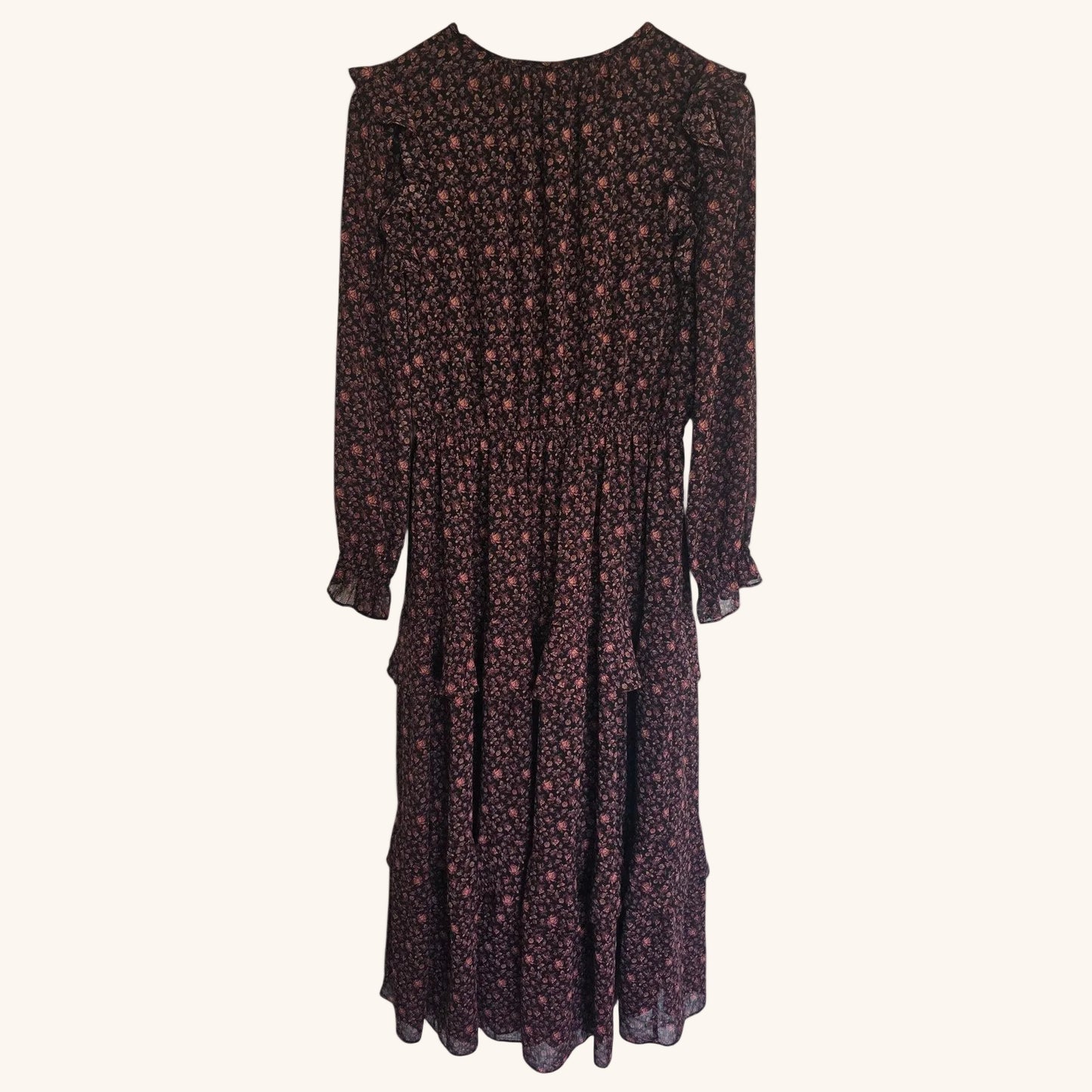 Dark Orchard Floral Tiered Ruffle Midi Dress Size M