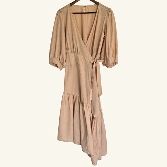 Peach Cotton Linen Blend Wrap Midi Dress Size S