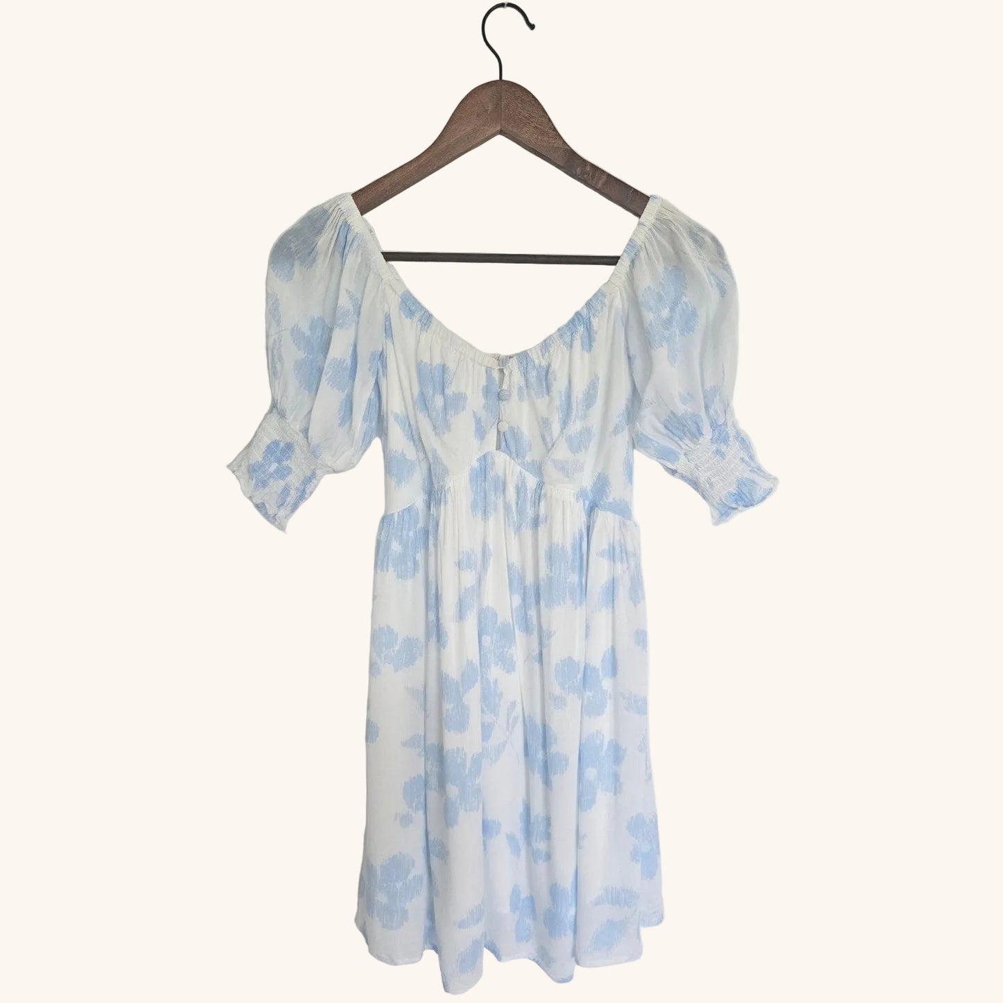 Blue Floral Mini Dress Puff Sleeve Babydoll Size XS
