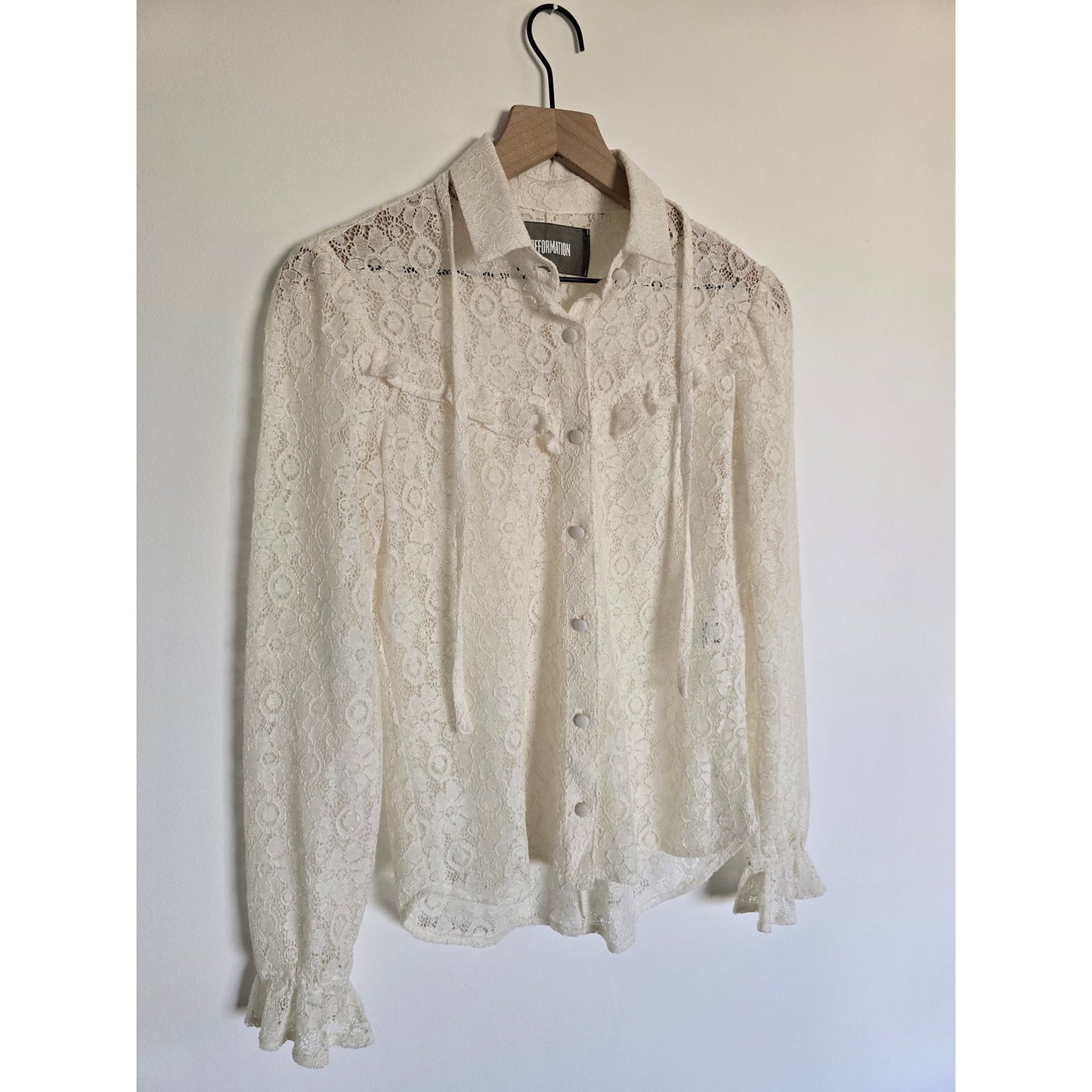 White Sheer Lace Button Down Blouse Size S