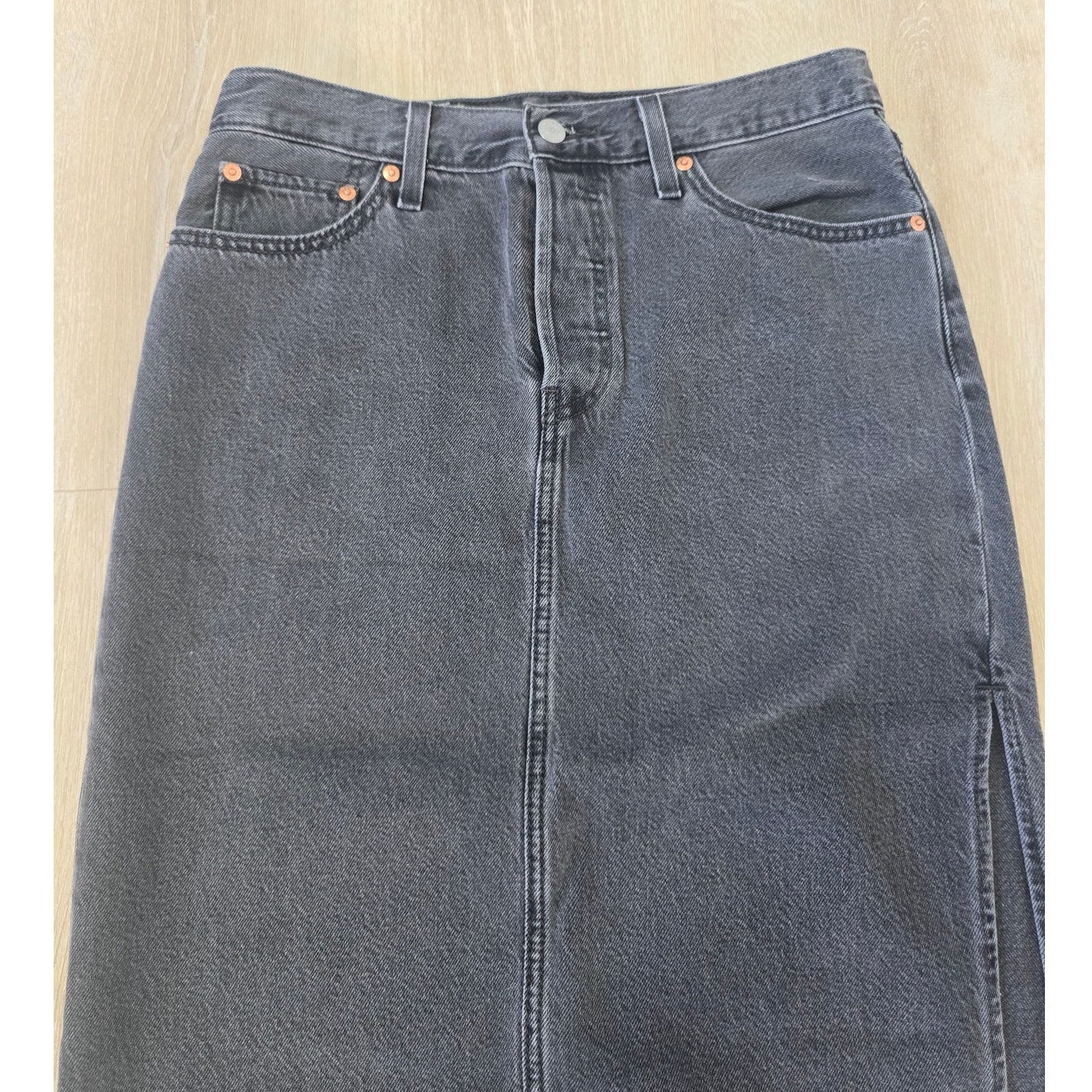 Washed Noir Side Slit Midi Denim Skirt Black Size 28