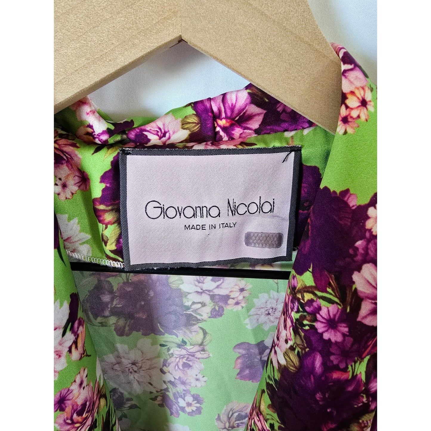 Green Purple Floral Satin Wrap Tie Top Blouse Size 44 M