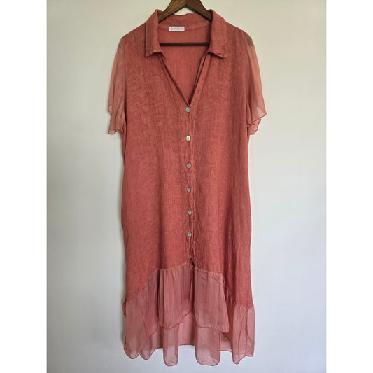 Coral Linen Silk Midi Dress Button Front Ruffle Hem Size M-L