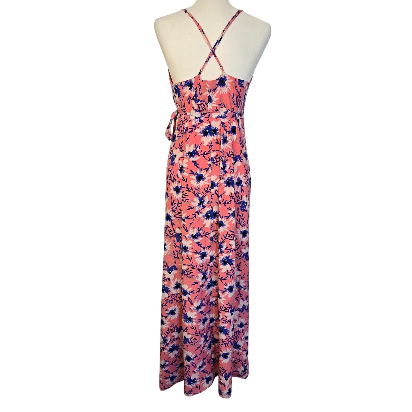 Pink Blue Silk Floral Wrap Maxi Dress V Neck Size L