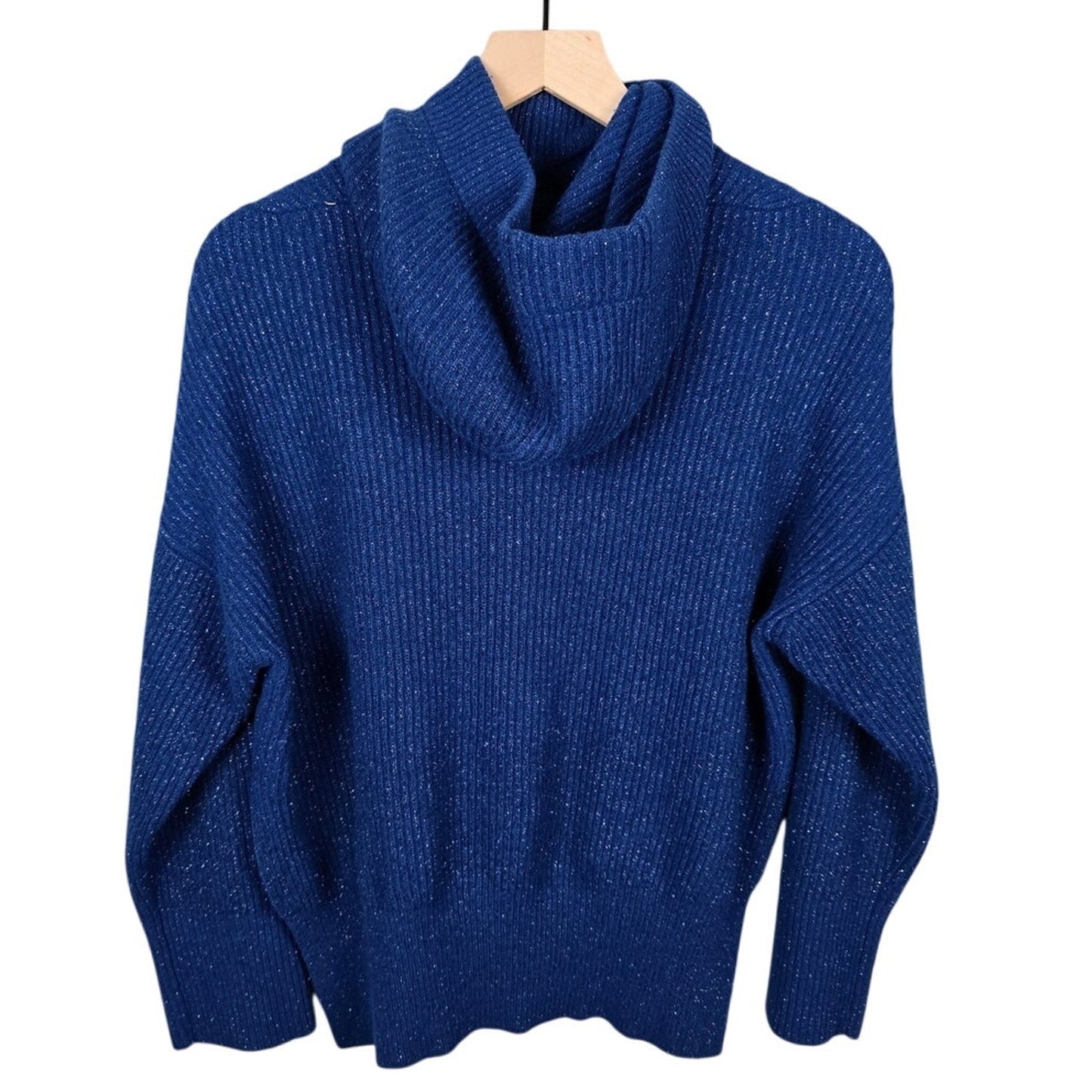 Metallic Blue Lurex Wool Knit Hoodie Sweater Size Medium