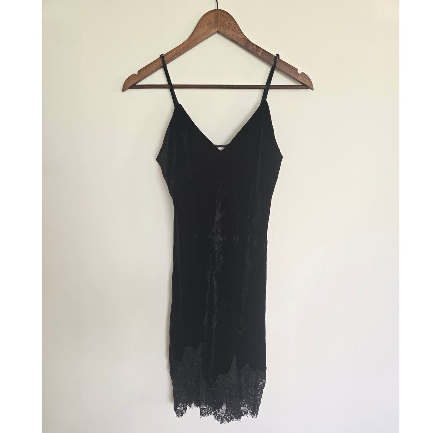 Black Velvet Lace Trim Slip Dress Silk Blend Size M