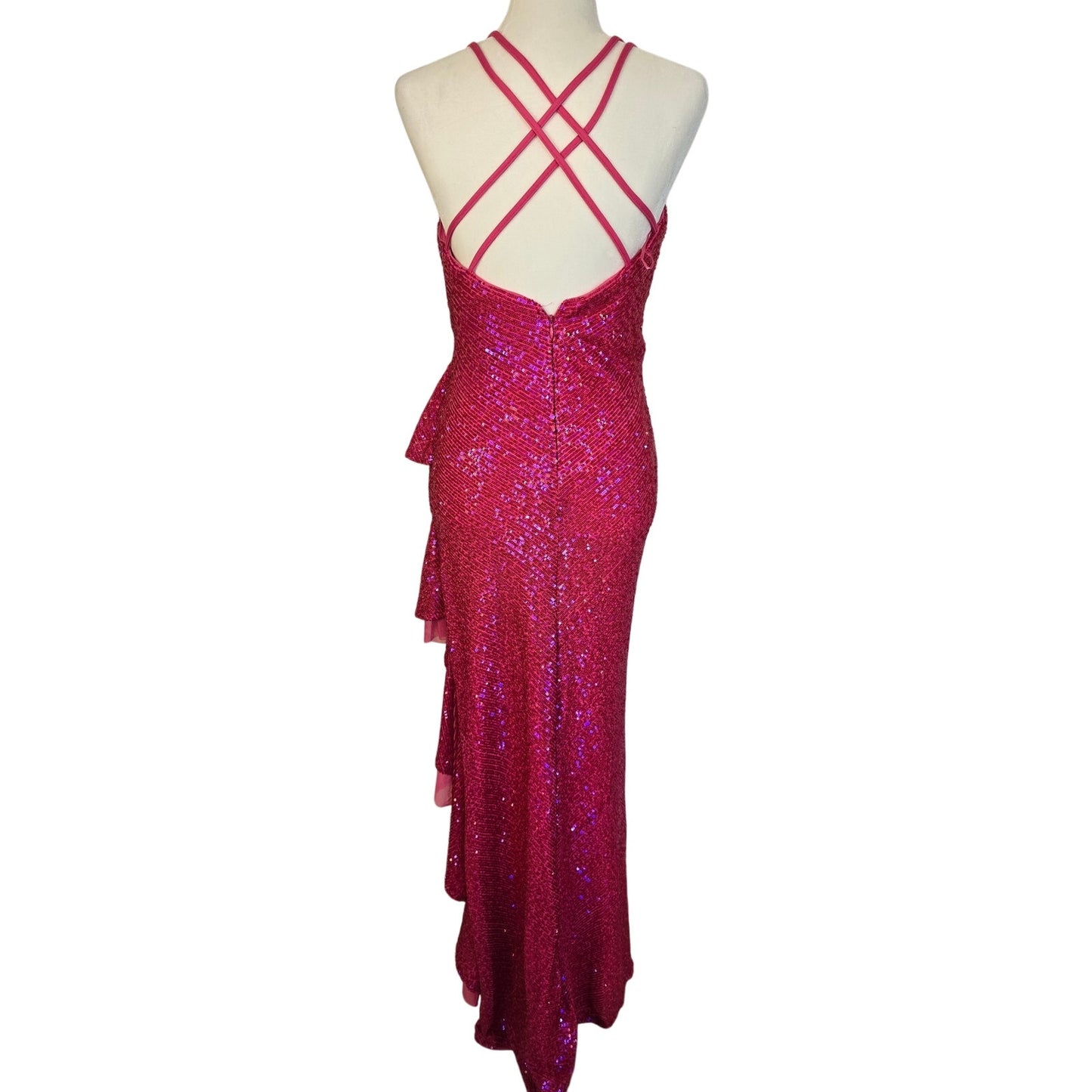 Pink Sequin Hi Low Ruffle Dress Formal Party Gown Size 7 NWT