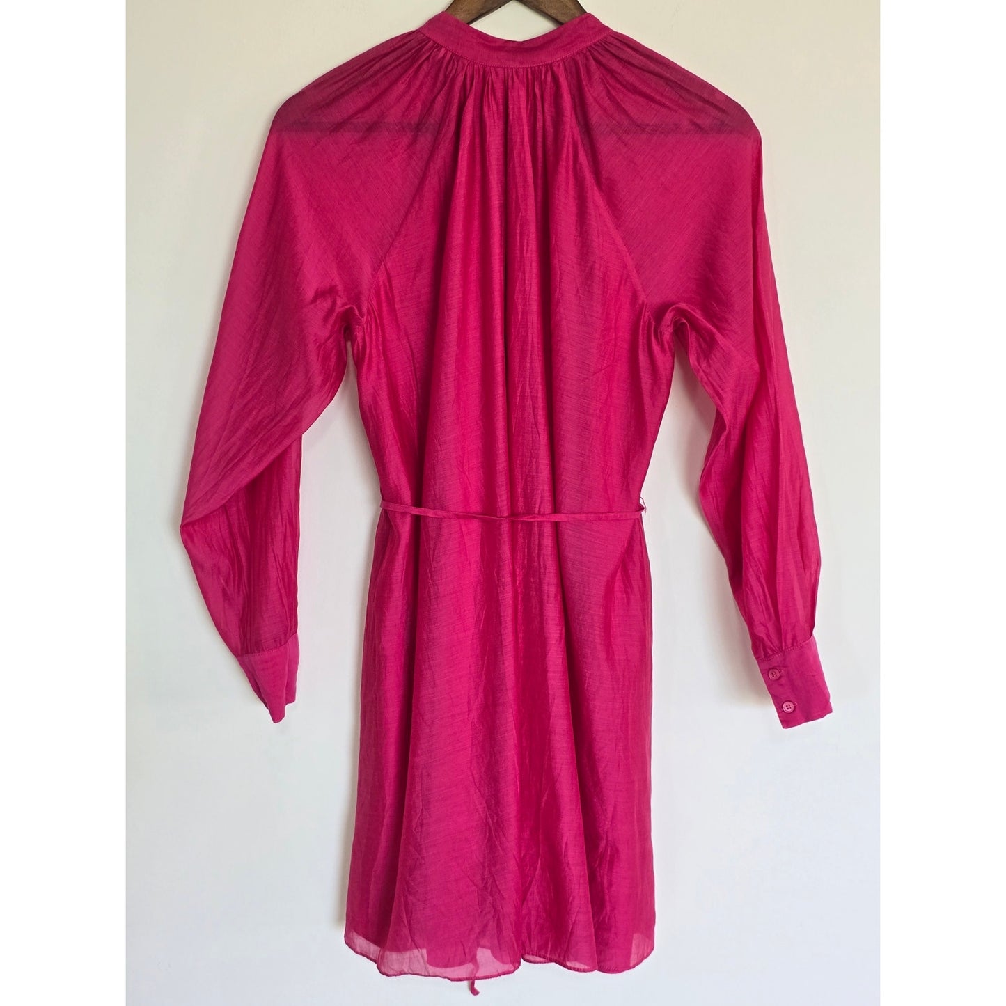Pink Silk Blend Shirt Dress Tie Waist Pockets Size S