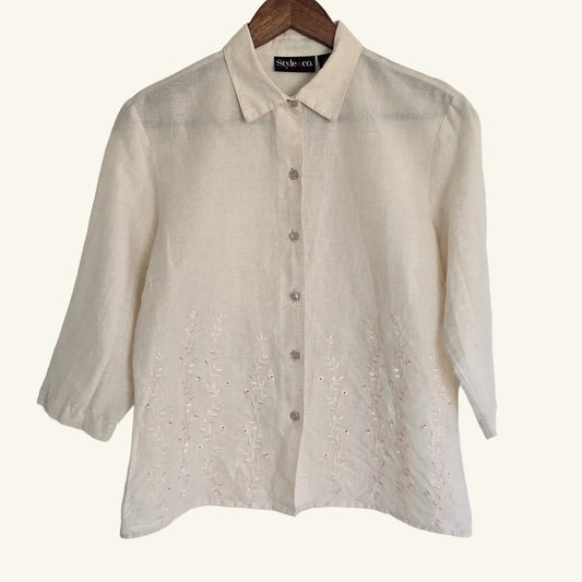 Ivory Linen Blend Embroidered Button Down Top Size 8