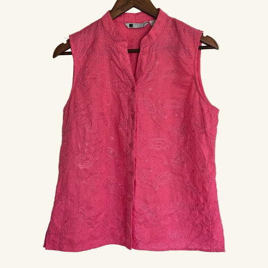 Pink Linen Embroidered Paisley Tank Top Size L