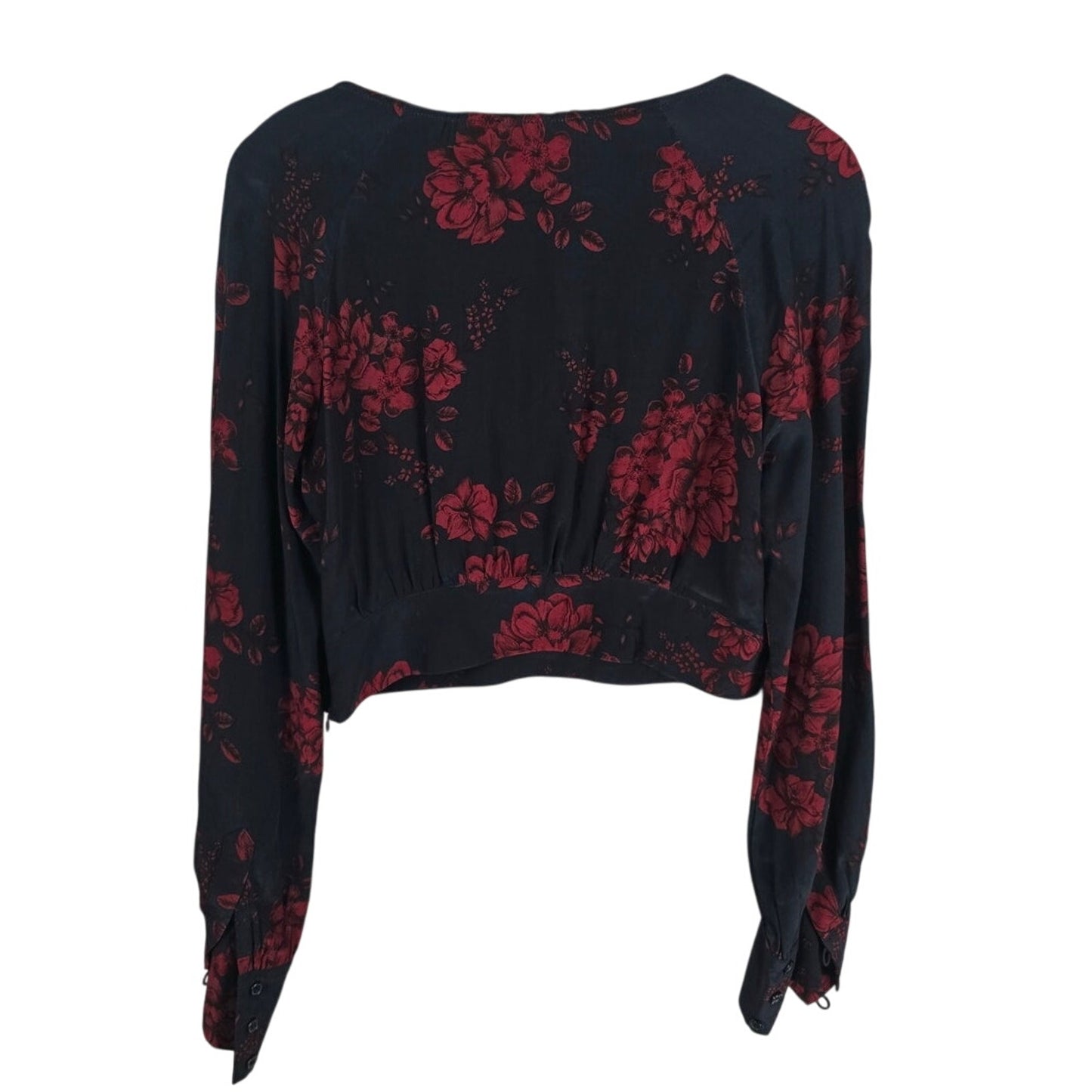 Navy Red Floral V-Neck Cropped Blouse Size 4